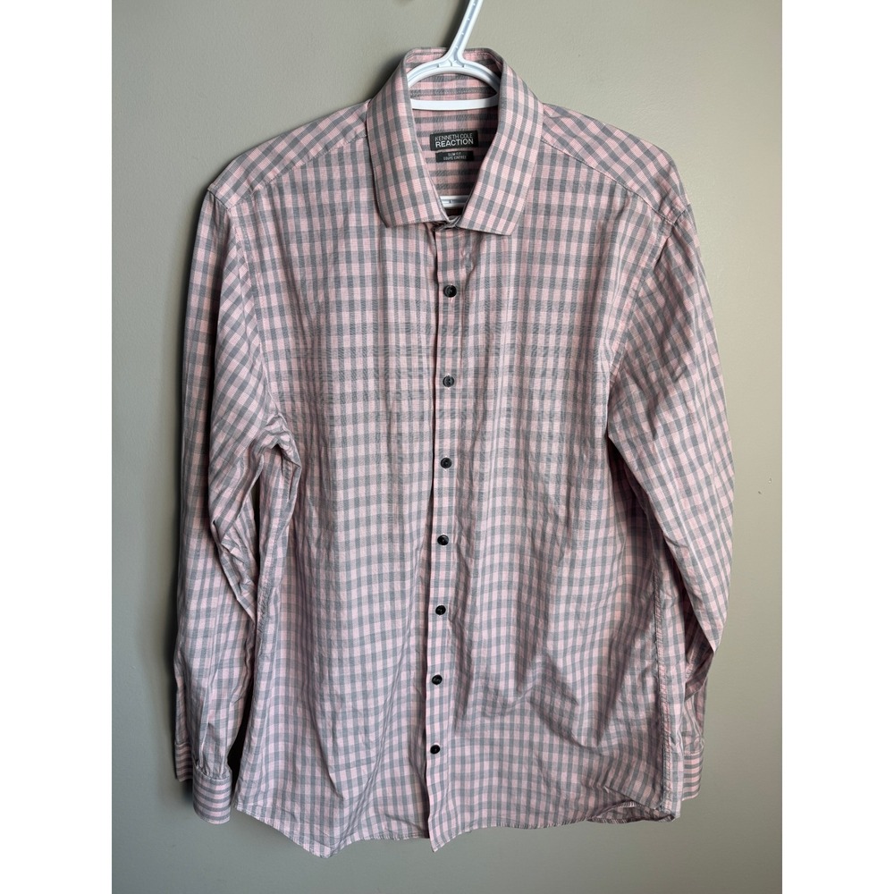 Kenneth Cole Reaction Mens Pink Gray Plaid Slim Fit Shirt 16 34-35 Preppy Office